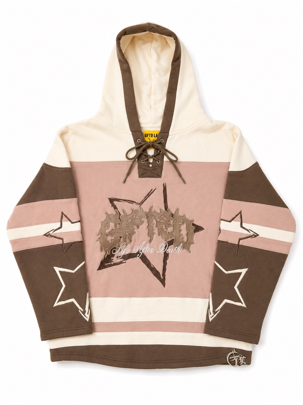 Contrast Star Lace-Up Hoodie - Cream, Pink & Brown
